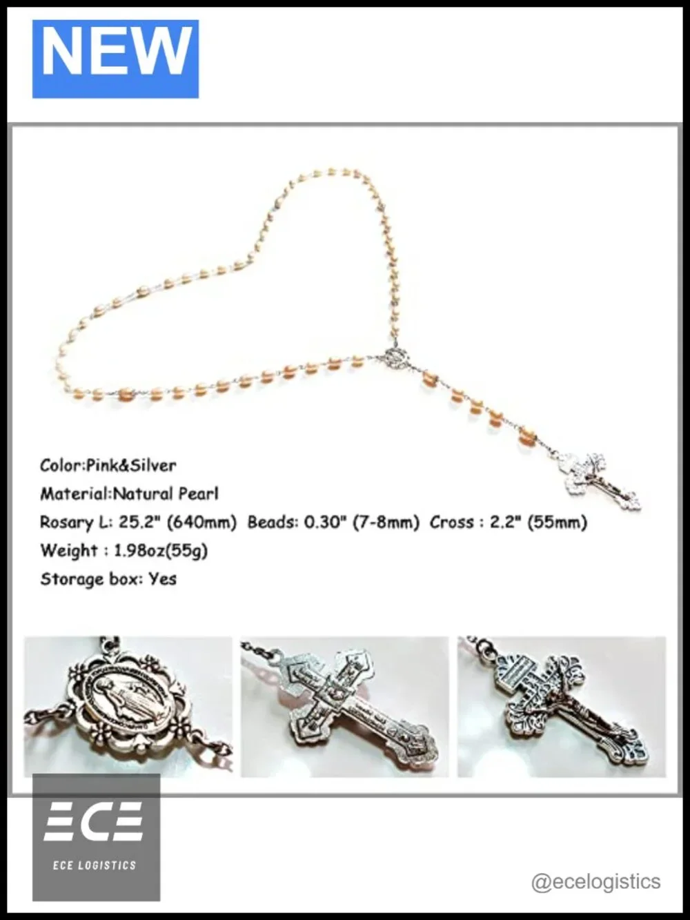 Natural Pearl Rosary Beads Olive Shape Cross Catholic Necklace